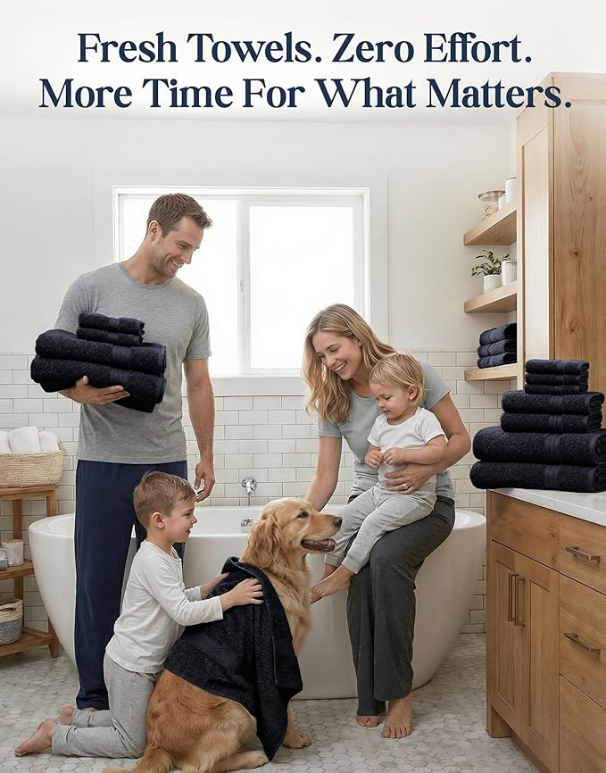 LANE LINEN Bathroom Towels Sets - 24 PCs - 100% Cotton Towels - Absorbent & Quick Drying - 4 Bath, 4 Fingertip, 6 Hand Towel, 8 Washcloth, 2 Bath Sheet - Housewarming Essentials - Black Towels