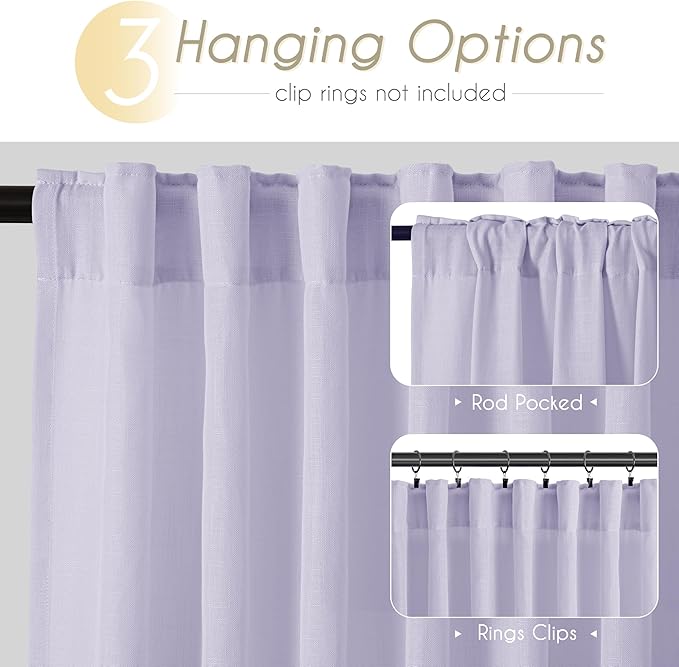 Lavender Linen Curtains Back Tab 108 Inches for Bedroom Living Room 2 Panels Semi Sheer Light Filtering Window Treatment Curtain Modern Elegant Decor Drapes Violet Light Purple 52X108