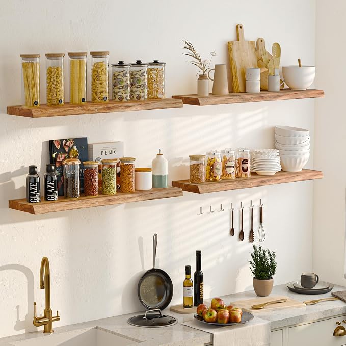 Fun Memories Floating Shelves for Wall Set of 2, Rustic Solid Elm Wood Live Edge Wall Shelves 32 Inch - Invisible Bracket Mount for Living Room, Bathroom, Bedroom, Kitchen, Natural