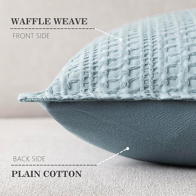 Foindtower Set of 2 Decorative Cotton Waffle Weave Throw Pillow Covers Euro Shams Cushion Covers Accent European Pillowcase for Bed Couch Sofa Bedroom Living Room Home Decor 22×22 Inch Light Blue