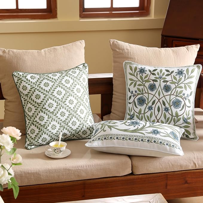 ISAENNE Design Fresh Linen Square Throw Pillow Covers 18"x18" Pack of 2, French White Cottage Cushion Covers with Blue Floral Branches Pattern Decor Pillowcases for Bed,Living Room,Outdoor,Car