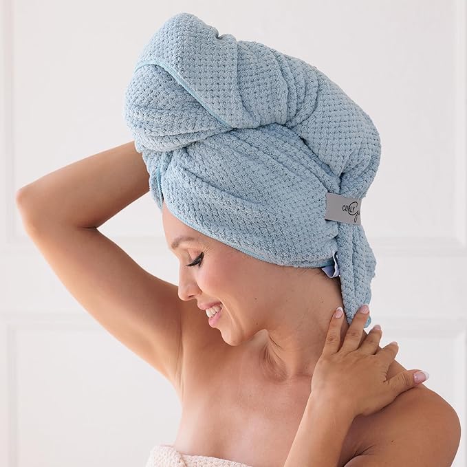 Curly Girl Microfiber Hair Towel Wrap for Women, 41" x 31" Large Quick Dry Hair Towel, Secure Fit with Elastic Strap, Anti-Frizz Hair Plopping Wrap for Long, Thick Hair