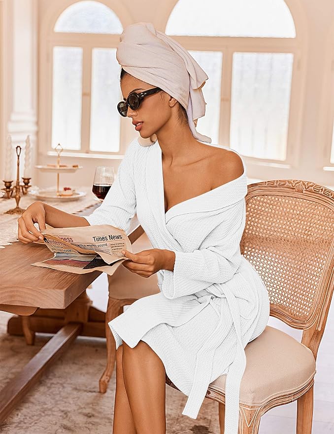 Ekouaer Robes for Women Waffle Knit Bathrobe Lightweight Kimono Robe Knee Length Loungewear with Pockets