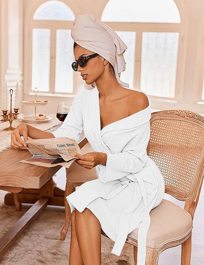 Ekouaer Robes for Women Waffle Knit Bathrobe Lightweight Kimono Robe Knee Length Loungewear with Pockets
