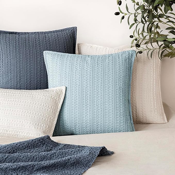 Foindtower Set of 2 Decorative Cotton Waffle Weave Throw Pillow Covers Euro Shams Cushion Covers Accent European Pillowcase for Bed Couch Sofa Bedroom Living Room Home Decor 26×26 Inch Light Blue
