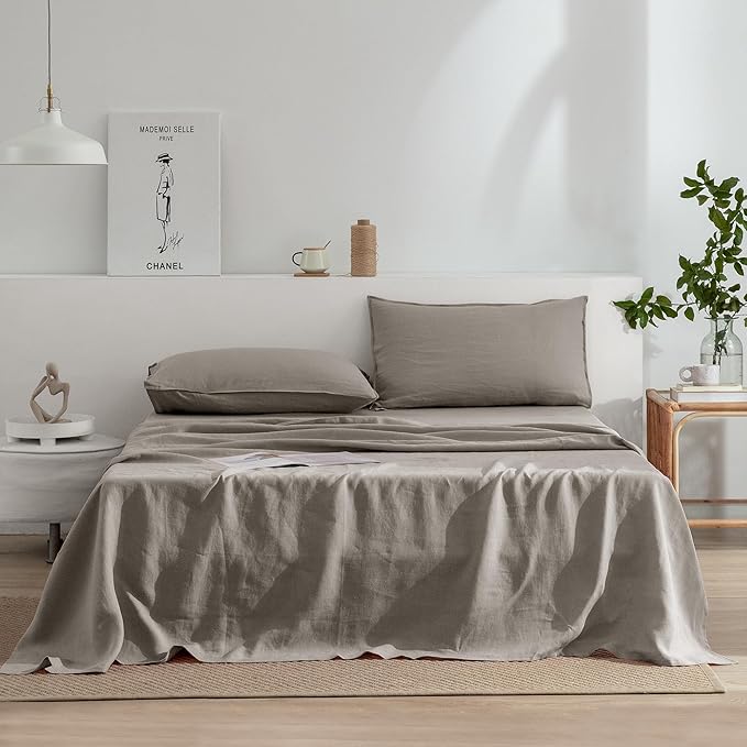 EVERLY Linen Full Size Sheets Set,100% French Washed Pure Linen Bed Sheets Deep Pocket Sheets,4Pieces(1Flat Sheet,1Fitted Sheet,2Pillowcase) Suitable for Hot Sleepers,180GSM Natural Linen Bedding Set