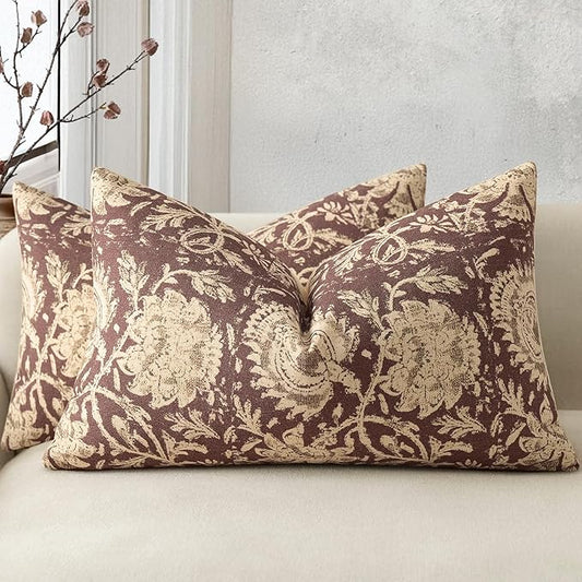 Vintage Floral Print Throw Pillow Covers 12x20 Set of 2 Neutral Modern Farmhouse Pillow Cases Accent Decorative Cushion Covers Boho Home Decor for Couch Sofa Chair Bed Living Room, Oxblood