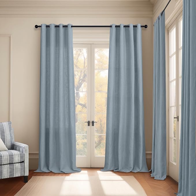 72 Inch Length Dusty Grey Country Blue Curtains for Living Room 2 Panel Set Sheer Semi Blackout Linen Curtains for Bedroom