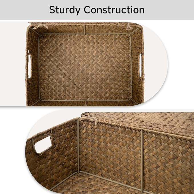StorageWorks Wicker Baskets with Lid for Organizing, Seagrass Storage Baskets for Shelves, Decorative Box with Built-in Handles, Brown, Large, 1 Pack