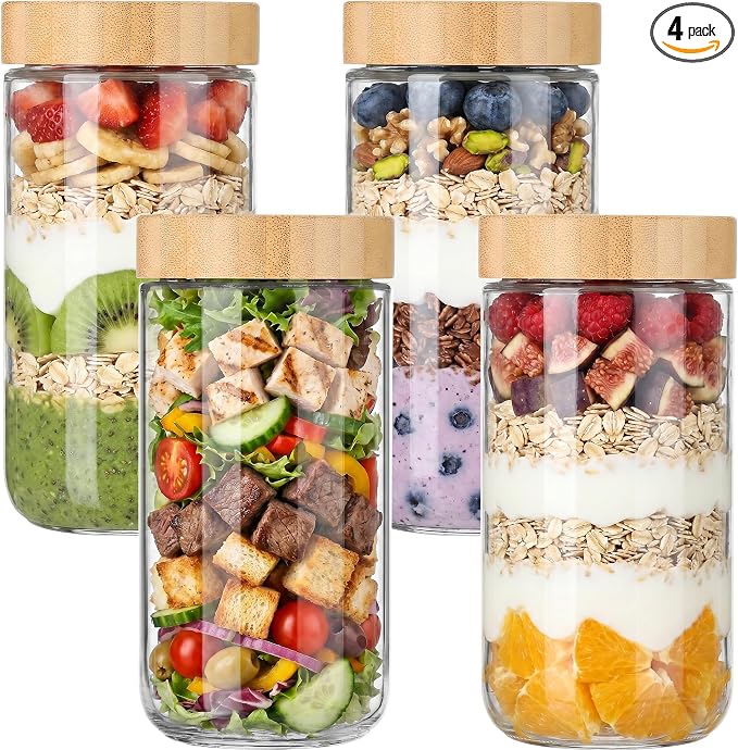 Vtopmart 4 Pack 24oz Glass Overnight Oats Containers with Bamboo Lids, Portable Wide Mouth Glass Jars Leak Proof, Reusable Glass Food Storage Containers for Yogurt Chia Pudding Salad Pickling Snacks