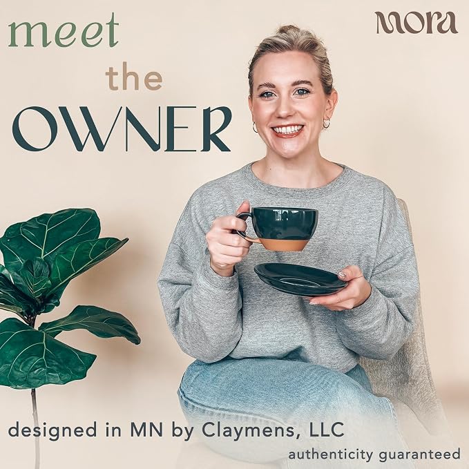 MORA Ceramic Latte Art Mug With Saucer - 10.5 oz, Round Bottom For Perfect Pours - Cafe Cups for Cappuccino, Espresso, Coffee, Tea etc - Porcelain Set for Baristas, Great Gift - Charcoal