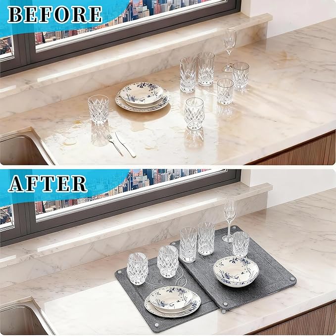 Nested Dish Drying Stone Mat | 2 Pcs Diatomaceous Earth Stone Drying Mats for Kitchen Counter with Non-Slip Feet | Collapsible Large Drying Stone for Dishes - Dark Gray