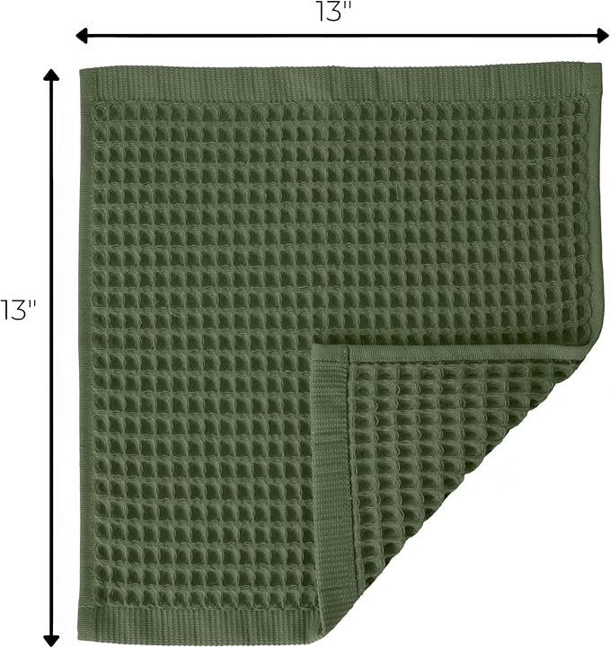 Waffle Washcloths Set of 8 Green - Premium Quality 100% Turkish Cotton Face Washcloth, Soft Makeup Towel, Shower Cloth, Kitchen Towel (Dark Green, Set of 8 Washcloths)