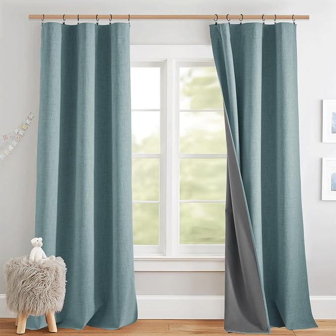 NICETOWN Skylark Blue Full Blackout Back Tab Linen Curtains for Bedroom 84" Long 2 Panels, Boho-Chic Thick Linen Blend Drapes, Insulated Window Cover Draperies with White Backing for Cafe (42" Wide)