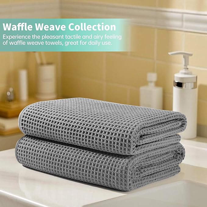 MICROFI New Microfiber Waffle Bath Towels, 2 Pieces, Oversized, Soft, Absorbent, Fast Drying, Lint Free 430 GSM (Gray)