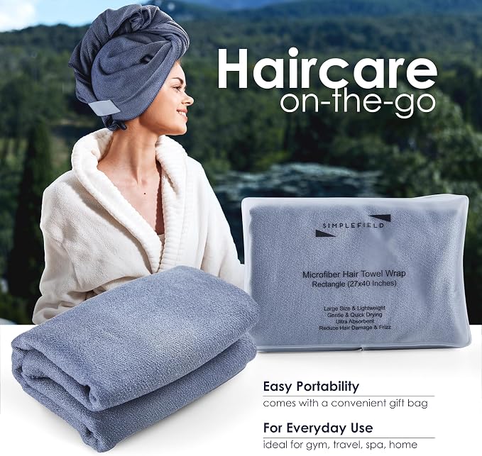 SimpleField Large Microfiber Hair Towel Wrap (27x40 Inches) for Women, Anti-Frizz Flat Rectangle Drying Towel with Full Hair Coverage Design, Elastic Band for Long, Curly and Thick Hair (Grey)