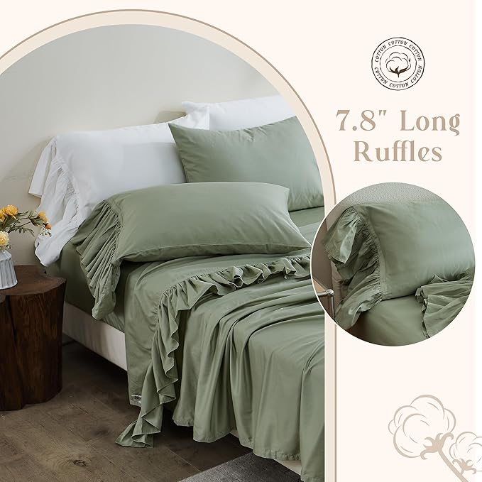 Simple&Opulence 100% Organic Cotton Sheet Set, Long Ruffle Bed Sheets (1 Flat Sheet, 1 Fitted Sheet and 2 Pillowcases) Elegant Shabby Chic Bedding Farmhouse Charming Vintage - Sage Green, Full