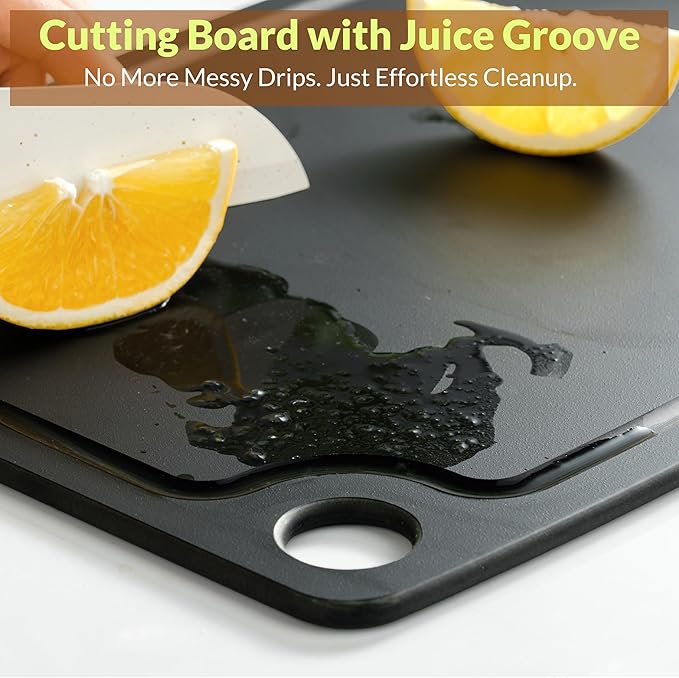 Cutting Board for Kitchen 11.8x9.3Inch Wood Fiber Composite Cutting Board with Juice Groove and Non-slip Feet, Dishwasher Safe, Knife-Friendly Chopping Board for Meat, Bread, Fruit, Black