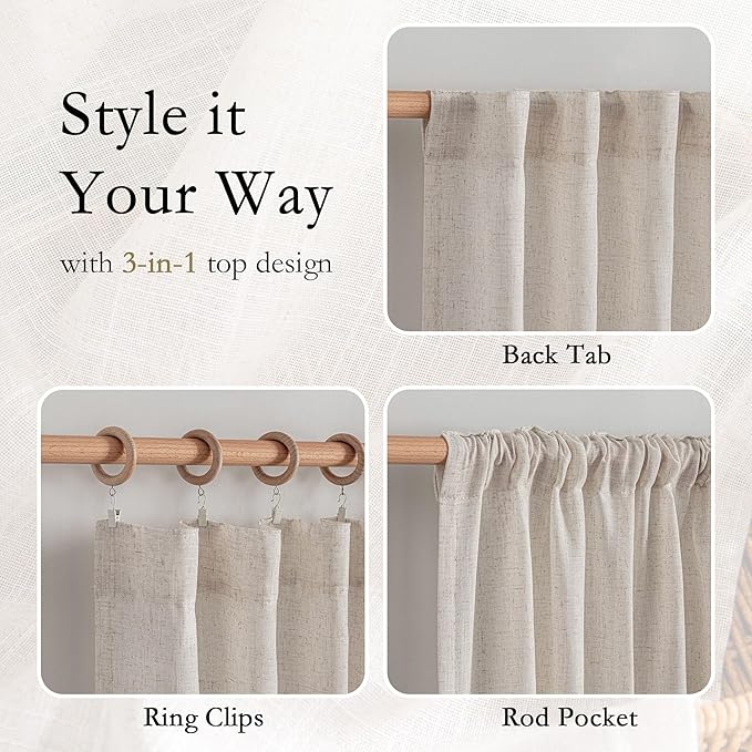 MYSKY HOME Natural Linen Sliding Glass Door Curtains, Back Tab Semi Sheer Curtain Panels Extra Long Floor Length Drapes 95 Inches for Living Room Linen Texture Soft Touch, 100" Wide, 1 Piece