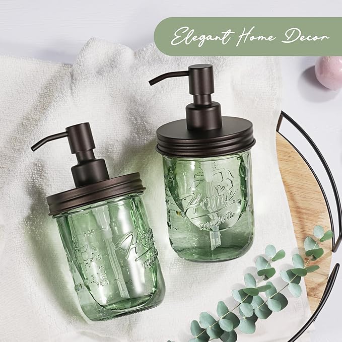 SheeChung 16Oz Mason Jar Green Glass Soap Dispenser, Stainless Steel Pump, Refillable Dish soap Dispenser for Kitchen, Bathroom Hand Soap Dispenser for Lotion, Liquid, Farmhouse Decor (Bronze, 2 Pack)