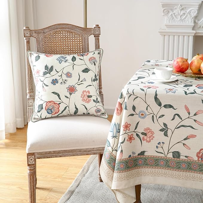 ISAENNE Design Square Retro Elegance Linen Throw Pillow Covers 18"x18" Pack of 2, Green Pink Floral Pattern Cushion Covers Decor Pillowcases for Bed,Living Room,Outdoor,Car
