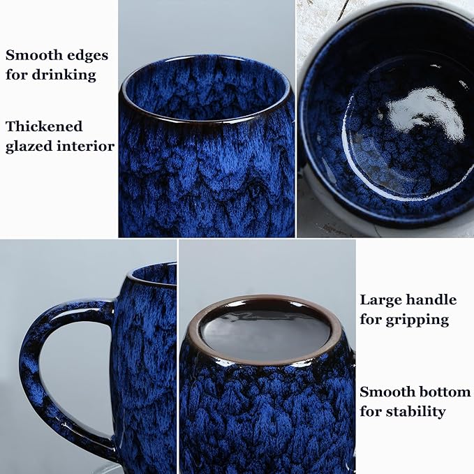 26 Oz Extra Large Ceramic Coffee Mug with Big Handle, 720ml Oversized Tea Cup for Office and Home Milk Cocoa, Microwave and Dishwasher Safe, Unique Handmade Texture Glaze Jumbo Coffee Cup (Deep Blue)
