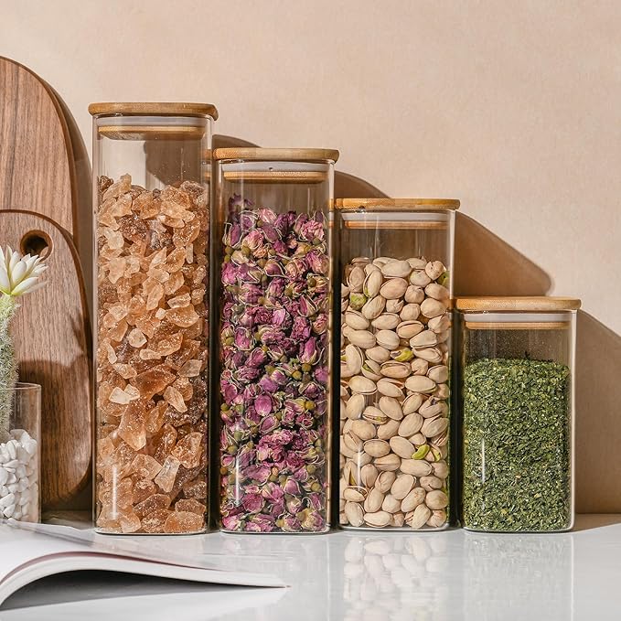 D2scrma 56oz Rectangle Airtight Glass Storage Containers with Bamboo Lids (Set of 4), Square Food Storage Jar, Pantry Organizers for Oats, Cereal, Pasta and Coffee beans (‎with Black Lable)