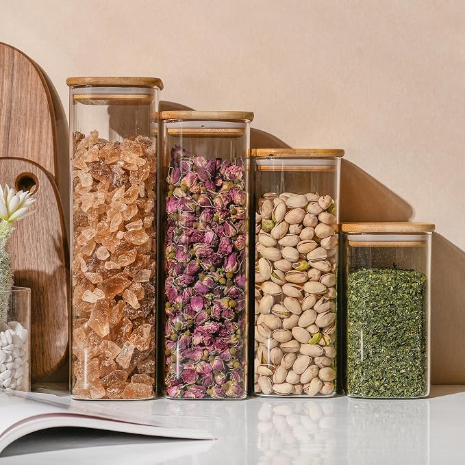 D2scrma 71oz Rectangle Airtight Glass Storage Containers with Bamboo Lids (Set of 3), Square Food Storage Jar, Pantry Organizers for Sugar, Flour, Spaghetti and Coffee beans (‎with Black Lable)