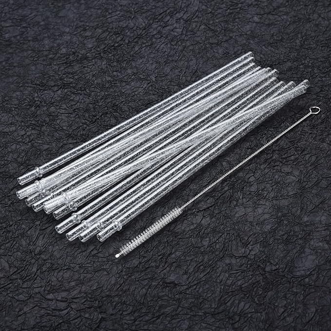 ALINK 12-Pack Reusable Glitter Straws, 11" Long Clear Hard Plastic Tumbler Straws, Replacement Drinking Straws for 20 OZ 30 OZ Stanley, Yeti/Rtic, Starbucks, Mason Jars with Brush