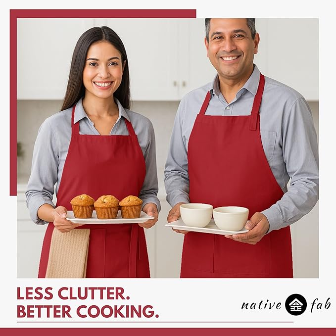 Native Fab Kitchen Apron 2 Pack - 100% Cotton Adjustable, Durable Apron with Pockets, Perfect for Cooking, Baking, Grilling