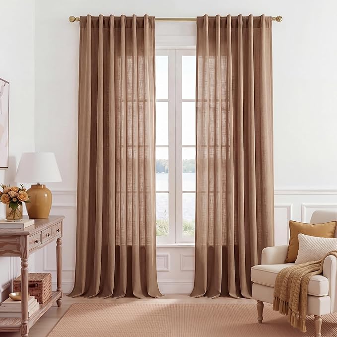 NICETOWN Terracotta Linen Curtains 96 inch Long 2 Panels Set, 55" Wide Thick Flax Linen Blend Organic Home Decor Rod Pocket & Back Tab with Light Filtering for Bedroom/Living Room