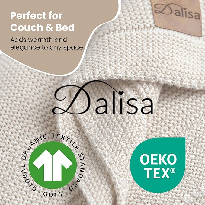Dalisa 100% Organic Turkish Cotton Throw Blanket - GOTS Certified, Cozy - Perfect for Couch, Bed, and Home Decor - Boho Vintage Knit Alina (Beige, 60x80)