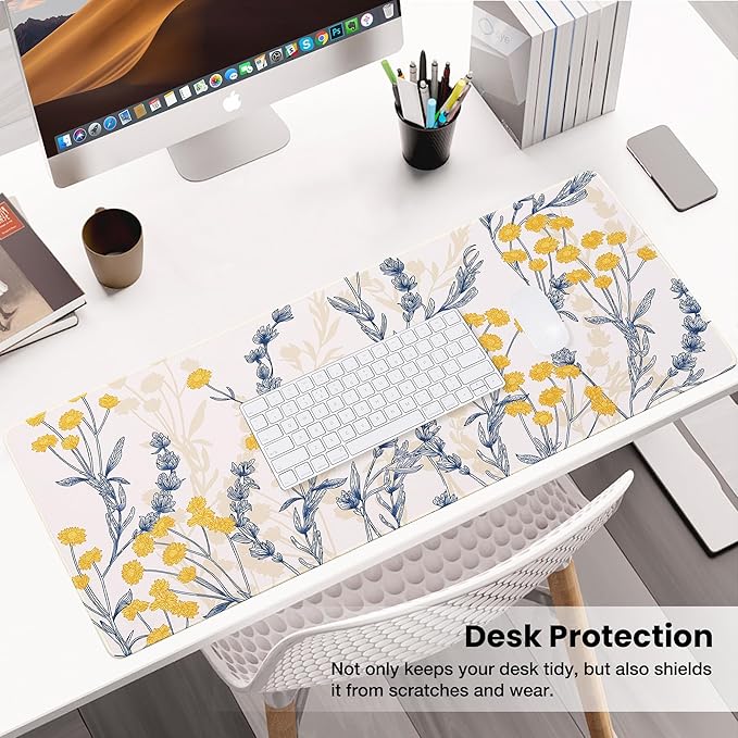 ALOANES Waterproof Mouse Pad with Durable Stitched Edge, Large Gaming Keyboard Pad, Non-Slip Rubber Base, Extended Desk pad for Gamer, Office & Home, Yellow Flower Mousepad 27.6"x 11.8"x 0.12"