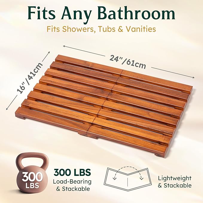 Premium Teak Shower Mat - 24" x 16" Non-Slip Wooden Bath Mat for Bathroom Floor, Fast-Drying Spa-Style Solid Wood Duckboard, Indoor & Outdoor Use
