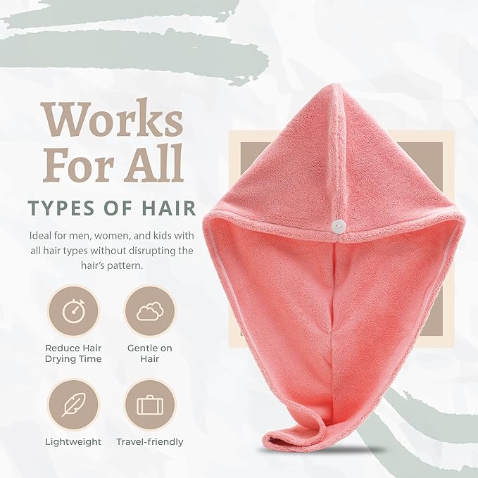 Microfiber Hair Towel Wrap, Hair Turban Towel Super Absorbent Twist Turban Dry Hair Caps with Buttons Bath Loop Fasten Salon Dry Hair Hat