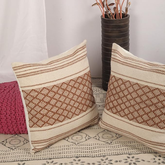 Trade Star Set of 2 Handloomed 100% Cotton Pillow Covers – 20x20 Rustic Boho Cushion Cases for Farmhouse, Fall & Christmas Decor – Indoor/Outdoor Use