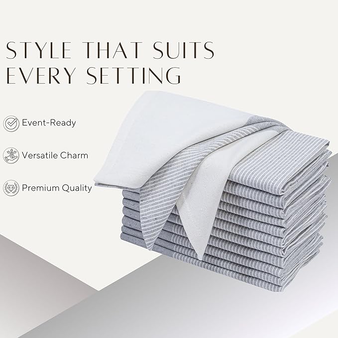 Ramanta Home Cloth Napkins Set of 4 18x18 Inches - Spring Basket Decor Block Striped Dinner Napkins for Easter Farmhouse Wedding, Washable Soft Cotton Durable Table Linen for Everyday Use - Grey