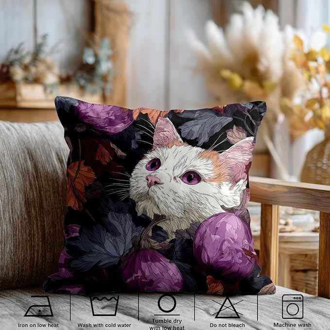 Shrahala Cute Cat Decorative Throw Pillow Cover, Among Purple Fruits Square Pillowcase Blended Double-Sided No Inserts for Bedroom Living Room Set of 2 (24 X 24 in)