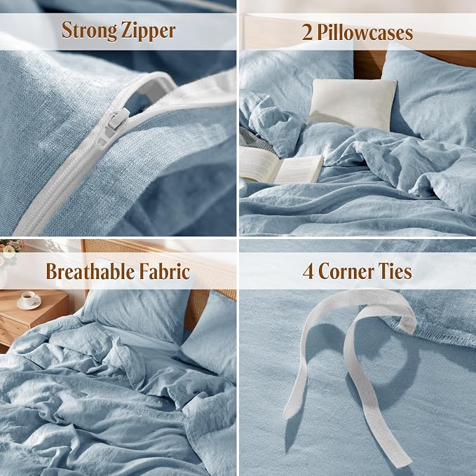 LBRO2M 100% France Linen Duvet Cover Set 3 Pcs Including 1 Flax Comforter Cover with Zipper Closure, 2 Pillowcase, Cozy Duvet Cover Full Size, Dusty Blue