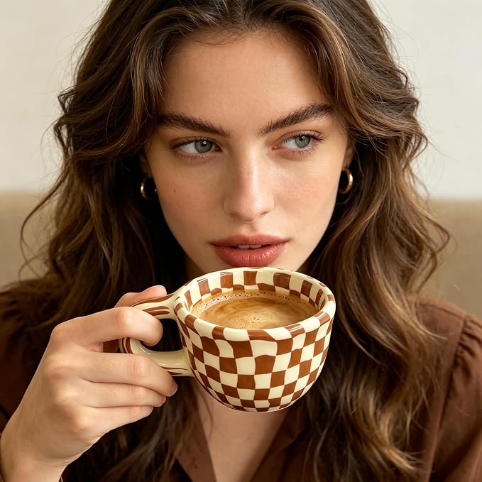 Ceramic Coffee Mug 5.7Oz Small Checkered Coffee Cups Alpine Pattern Hot Chocolate Cup Handmade Checkerboard Latte Mug Aesthetic Gift for Coffee Lovers Microwave Safe,Brown checkered