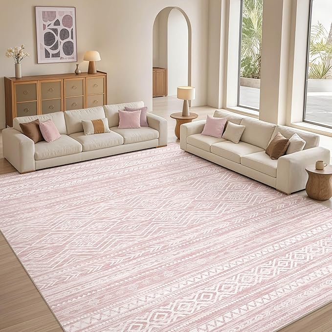 Tortania Area Rug Living Room Rugs- 12x18 Washable Large Soft Neutral Boho Moroccan Bohemian Farmhouse Rug Indoor Floor Carpet for Bedroom Under Dining Table Home Office Decor - Pink