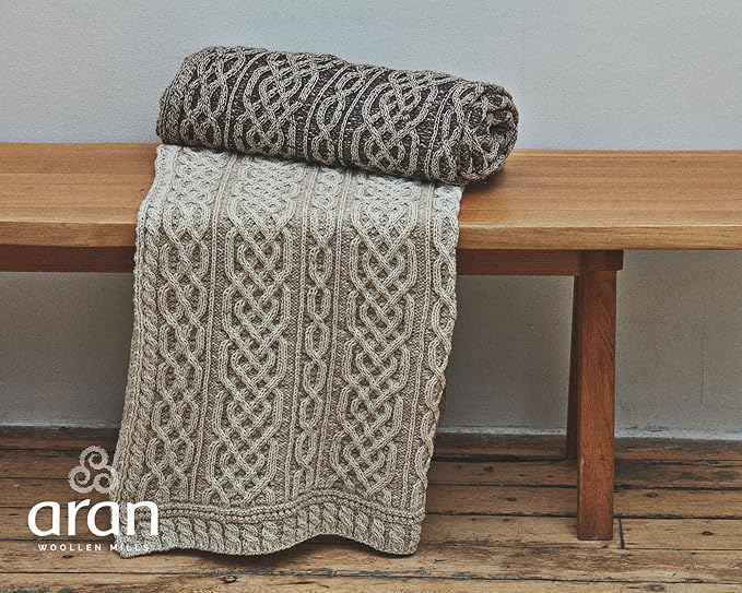 Aran Woollen Mills Carraig Donn Irish Cable Knit Blanket Celtic Throw - 100% Merino Wool Made in Ireland 40"x 55" (102 x 140 cm) (Light Brown)
