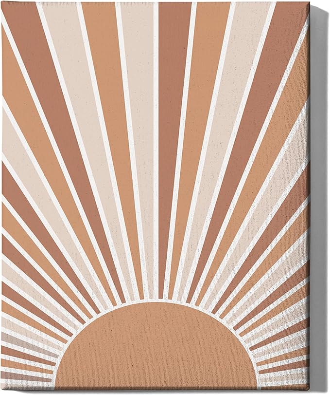 Boho Rising Sun Wrapped Canvas Wall Art Sunburst Rays Earth Tones Terracotta 16x20 Inch Gallery Stretched Minimalist Modern Home Art Decor