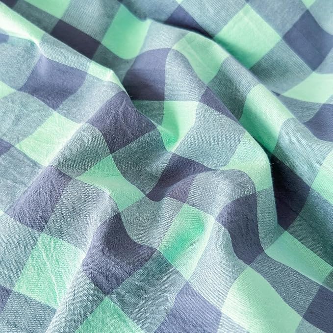 FACE TWO FACE Bedding Duvet Cover Set100% Washed Cotton Duvet Cover Linen Like Textured Breathable Durable Soft Comfy (Queen, Blue Green Grid)
