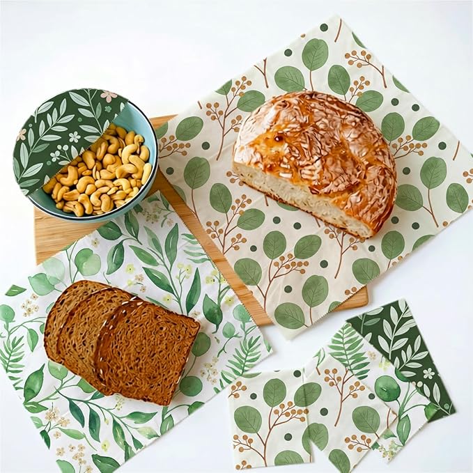 Reusable Beeswax Wraps, 9 Pack Eco-Friendly Food Storage, Organic, Sustainable, Biodegradable, Zero Waste, Plastic-Free, For Sandwich, Bowl, Bread, 1XL, 3M, 5S, Botanical Leaves Pattern
