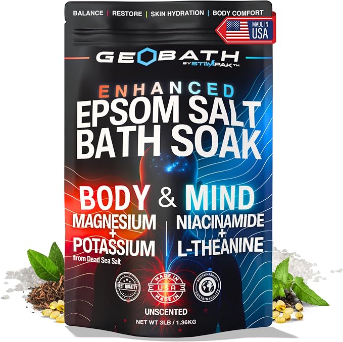 Magnesium Epsom Salt Bath Soak with Dead Sea Salt | Hydrating Skin Care & Muscle Relief with L-Theanine, Niacinamide & Potassium | Stress Relief & Relaxation for Body & Mind | GEOBATH | 3lb
