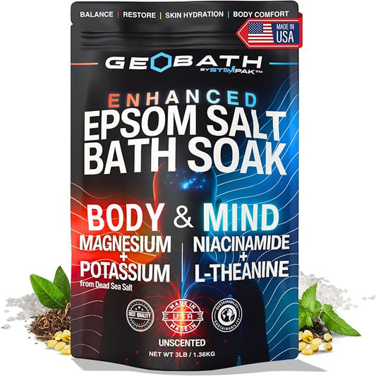 Magnesium Epsom Salt Bath Soak with Dead Sea Salt | Hydrating Skin Care & Muscle Relief with L-Theanine, Niacinamide & Potassium | Stress Relief & Relaxation for Body & Mind | GEOBATH | 3lb