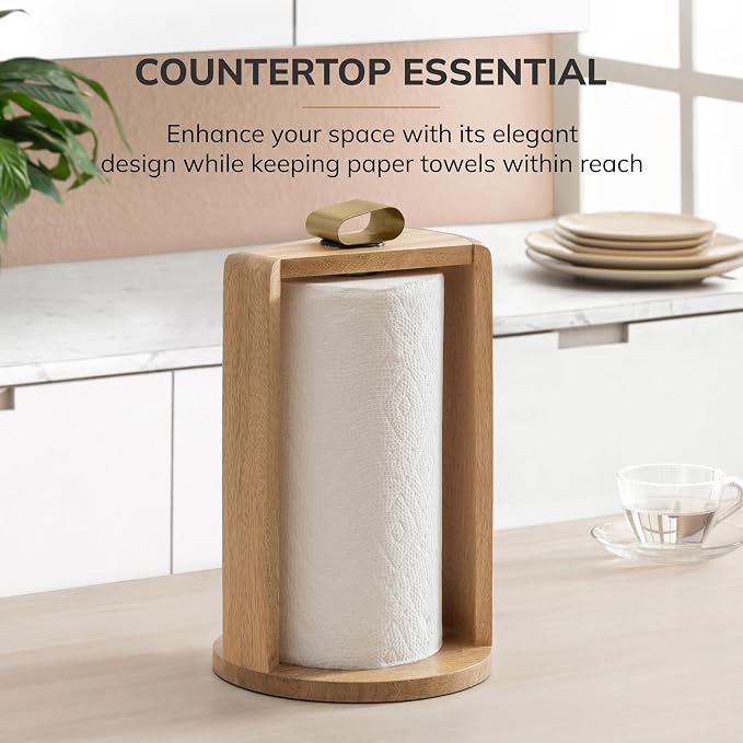Anji Mountain Wooden Paper Towel Holder with Iron Holder, Holder Stand for Kitchen Roll Organizer & Kitchen Dining Table Home Décor, Countertop Fits Jumbo & Mega Rolls - Mango/Gold, Top Load