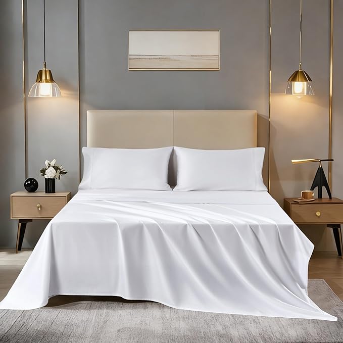 Sophia & William 1000 Thread Count Egyptian Cotton Sheets Queen Size, 100 Percent Cotton Sheets Sateen Weave, 16" Deep Pockets, All-Season 4 Piece Silky Sheet - White