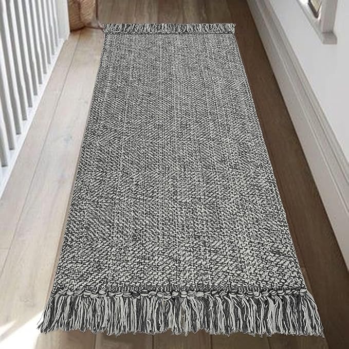 Collive Kitchen Runner Rug, 2' x 4.3' Hand-Woven Reversible Washable Rugs, Grey Cotton Modern Farmhouse Bathroom Mat Hallway Carpet for Foyer Bedroom Entry Back Door Decor